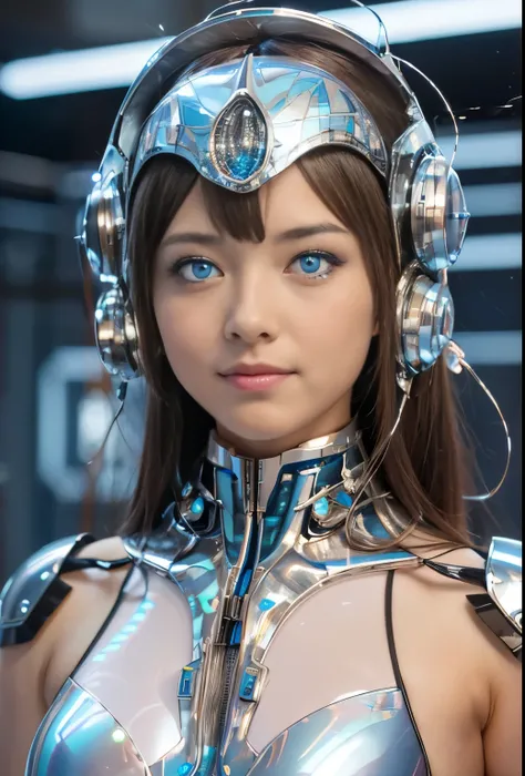 (Best Quality, High resolution, masterpiece:1.2), Very detailed, Realistic:1.37, (Perfect Anatomy),, Cute and beautiful Japanese high school girl,Super Idol,(Transform into a girl bionoid:1.1),Standing posture,(brainwashing:1.6),(Blue LED eyes:1.6),evil sm...