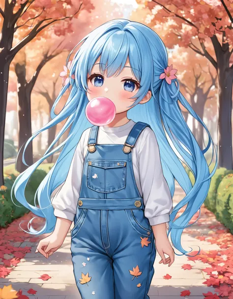 Light blue long hair, Twin-tailed Chibi Character、Pink bubble gum in mouth、A park full of cosmos flowers、autumn leaves、Denim jumpsuit