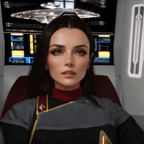 Dark haired woman in a star trek uniform sitting in a chair, futuristic starship crew member, in starfleet uniform, as a starfleet officer, in full starfleet uniform, in the style star trek 8 k, picard on a starboard, startrek style, starfleet uniform, 