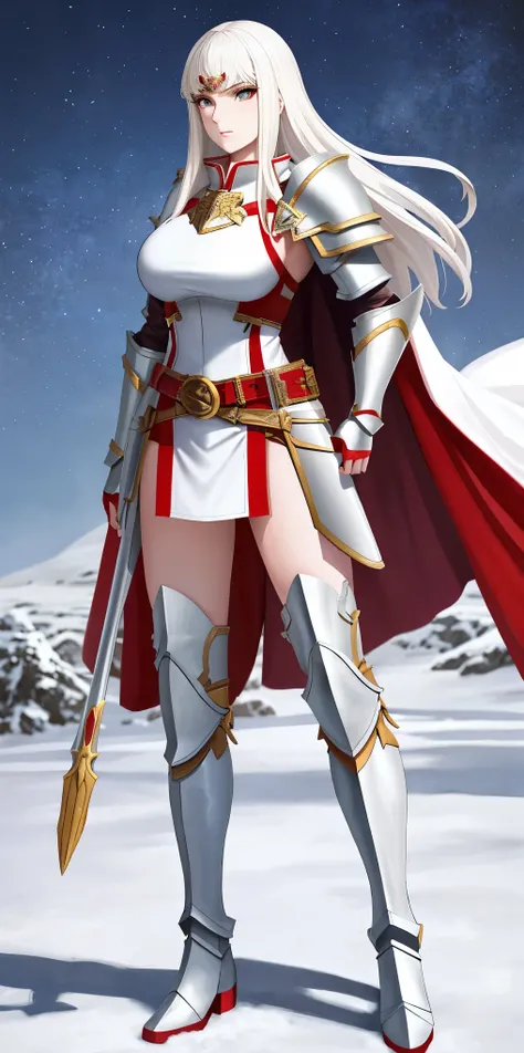 full body standing straight symmetrical, FEMALE warrior princess, big belt around waist, hair, very white skin like snow, wearing full heavy armor red cape, brown leather boots, adventurer outfit, veteran warrior MILF bimbo