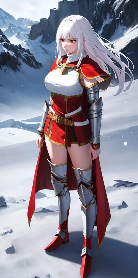 full body standing straight symmetrical, FEMALE warrior princess, big belt around waist, hair, very white skin like snow, wearing full heavy armor red cape, brown leather boots, adventurer outfit, veteran warrior MILF bimbo