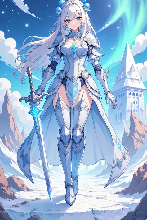 4K,High resolution,One Woman,Light blue hair,Long Ponytail,Blue Eyes,Big Breasts,Fantasy Knight,Ice Crystal Armor,Full Armor,Heavy Armor,Armored High Heel Boots,Armor Gloves,Hairbands,Ice Crystal Sword,Jewelry decoration,Ice Castle,Aurora Sky