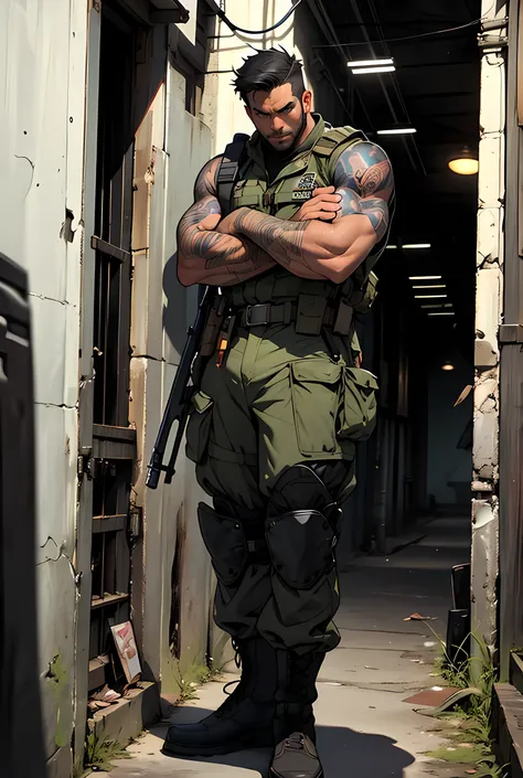 “Ivan Craig, a male soldier standing 1.80 meters tall, with blue-black hair and honey-colored eyes. He has the physical appearance of an experienced soldier, with a scar running alongside his mouth, adding to his battle-hardened look. Ivan wears military c...