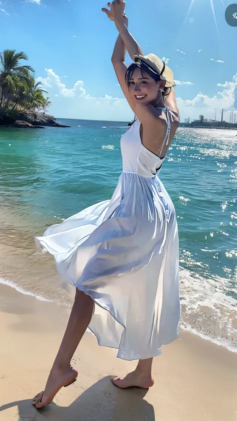 A beautiful woman in a flowing summer dress, smiling and dancing on the beach under the warm sun, her movements fluid and graceful as her dress sways, accentuating her natural allure.