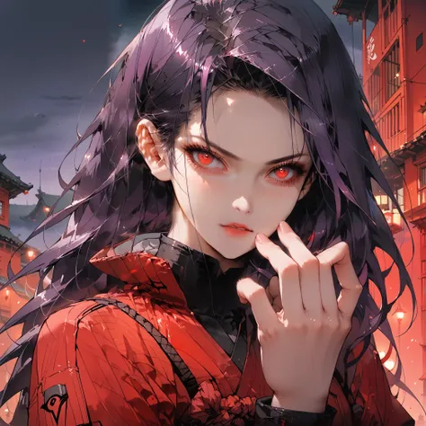 purple hair, long hair, a female assassin ninja in red and black ninja outfit, at night, black and red buildings, dark foggy sky...