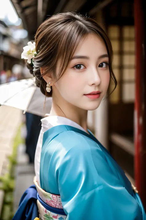 masterpiece、Best Quality、Real、Very detailed、Fine details、High resolution、8K wallpaper、One beautiful woman、Wearing a beautiful furisode、Gion, Kyoto、Updo、Perfect dynamic composition、Beautiful beautiful eyes、With a large Japanese umbrella、