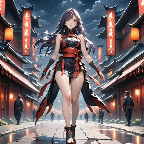 purple hair, long hair, a female assassin ninja in red and black ninja outfit, at night, black and red buildings, dark foggy sky, full body, looking at viewer, bright red eyes, beautiful face, perfect face, perfect hands, perfect legs, super detailed cloth...