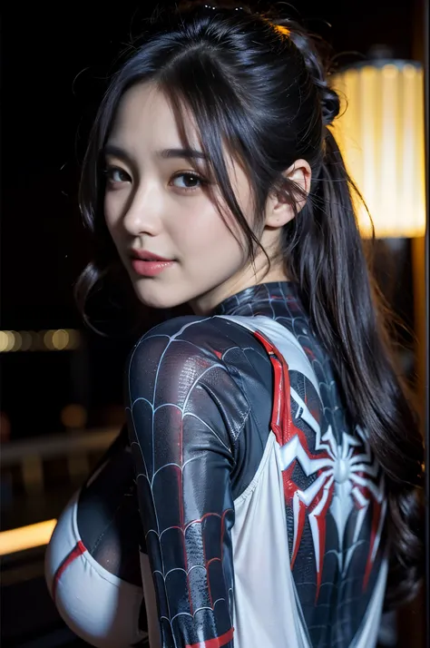 Photorealistic, cyberpunk style, (close-up:1.4, exposed face), ((wide angle shot, seen from forward, facing forward, front to front):1.4), in frame, a young japanese girl, ((wearing white black spiderman costume):1.3), ((naked):1.2), (exposed her bare brea...