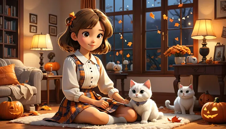 "((Lo-Fi drawing styles:1.5)), A heartwarming, highly detailed 3D-rendered illustration of a young woman in an anime style, cleaning her cozy living room in autumn. She wears a stylish white blouse and plaid skirt, while her fluffy cat plays with a bat-sha...