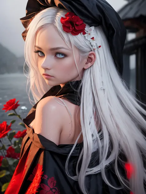 1girl,solo,1girl,solo,((beautiful detailed eyes)), (detailed light),depth of field,(white hair),silver eyes,hair over one eye,(red flower ), hair flower,long hair,black cloak,wet,emotionless,looking back,night,starfall,raining,fog,red flowers falling,sketc...