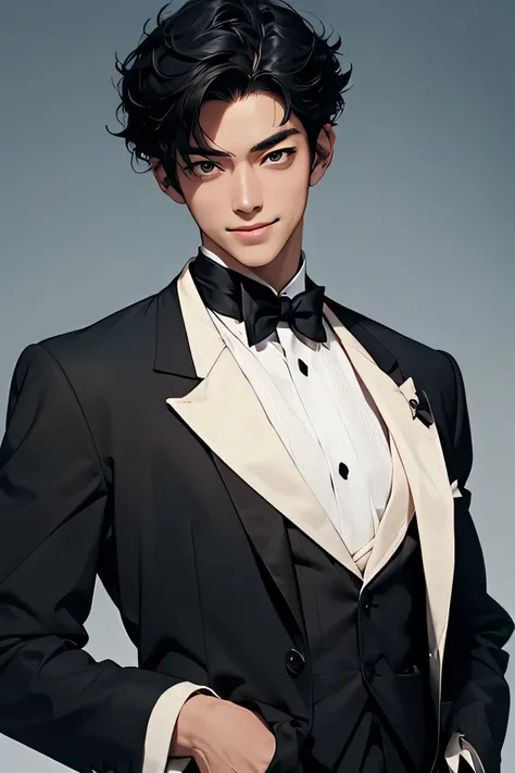 Japanese　　Handsome　Short cut　Black Hair　male　Fierce　Breaking smile　Black tailcoat　　Court Dinner　Upper Body　Background Universe