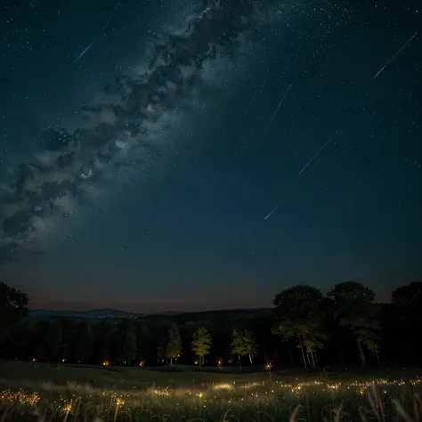 A grassy field lit by thousands of glowing fireflies under a clear, starry night sky.