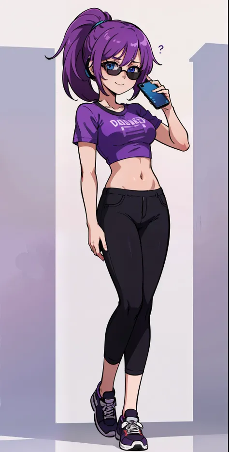 ((best quality), (high quality), (detailed), (masterpiece), good artist, 1girl, ( violet hair), ((blue eyes)), (sunglasses), headphones, (short ponytail), casual wear, gentle smile, ((under crop top)), ((crop top)), ((purple t shirt)), black pants, a two h...