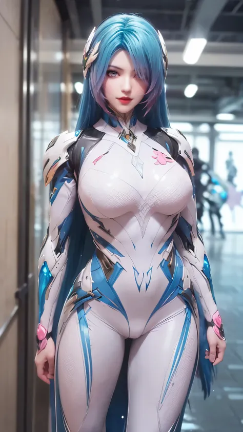 A beauty girl with ( blue pink hair, multiple color long hair:1.7), mecha_musume, 1GIRL, (CLOSE UP UPPER BODY:0.8), (COWBOY SHOT PORTRAIT:1.4), (LED HEAD HELM:1.5),((HUGE FAKE BREASTS:1.5)), (11 line ABS:1.3), ((MECHA GUARD ARMS, MECHA GUARD SHOULDER CRYST...