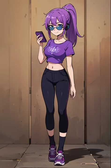 ((best quality), (high quality), (detailed), (masterpiece), good artist, 1girl, ( violet hair), ((blue eyes)), (sunglasses), headphones, (short ponytail), casual wear, gentle smile, ((under crop top)), ((crop top)), ((purple t shirt)), black pants, a two h...