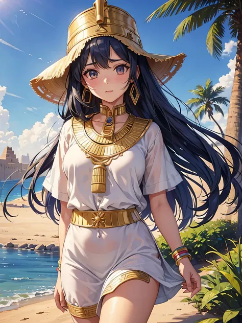 All intricate realistic details: "An ancient Egyptian teen girl walking along the banks of the Nile River, Her body and face are similar to Pricilla Ricart, Lightweight clothing due to the heat, anime mappa style, with more facial details if possible"