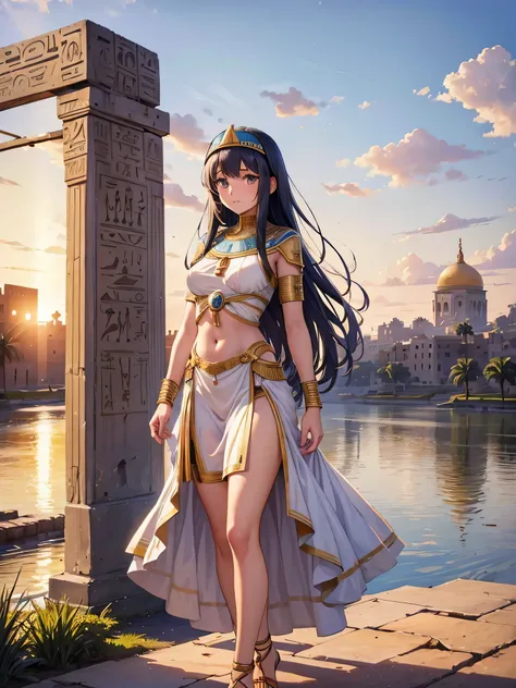 all intricate realistic details: "an ancient egyptian teen girl walking along the banks of the nile river, her body and face are...