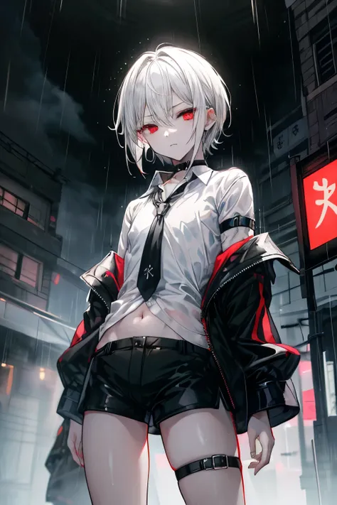 ((Best quality)), ((masterpiece)), (detailed), Perfect face, Alone, (((1 BOY))), ((Shota)), anime, beautiful detailed eyes, Night City, (((DRESS shirt))), black jacket, ((black shorts)), BOB HAIR, WHITE HAIR, just play, Thigh Strap, rain, Choker, bare thig...