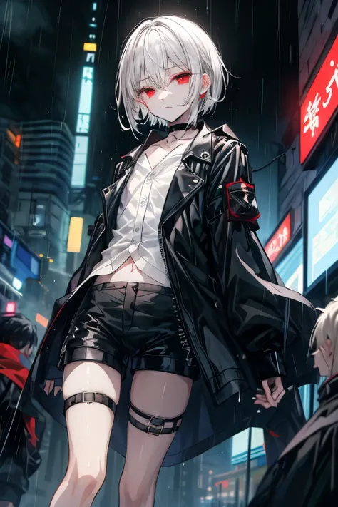 ((Best quality)), ((masterpiece)), (detailed), Perfect face, Alone, (((1 BOY))), ((Shota)), anime, beautiful detailed eyes, Night City, (((DRESS shirt))), black jacket, ((black shorts)), BOB HAIR, WHITE HAIR, just play, Thigh Strap, rain, Choker, bare thig...