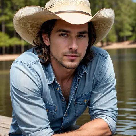 Masterpiece, best quality, photorealistic, raw photo, Ultra high definition, 8k, Real pictures, American male singer, 30-yrs, Close shot, Ultra-delicate real skin, Dark brown hair, Handsome expression, Looking at the camera, Wear a cowboy hat, Wear light b...