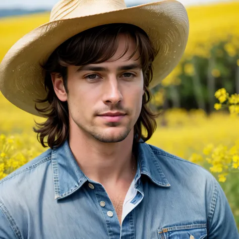 Masterpiece, best quality, photorealistic, raw photo, Ultra high definition, 8k, Real pictures, American male singer, 30-yrs, Close shot, Ultra-delicate real skin, Dark brown hair, Handsome expression, Looking at the camera, Wear a cowboy hat, Wear light b...