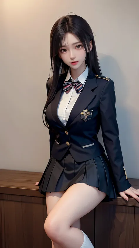 （Very delicate and beautiful：1.2）super model,,Beautiful breasts,voluptuous,【bike shorts】,,【3girls】,,Best Quality, High resolution, 8k,mini skirt,Knee-high socks.High school girl.uniform.blazer