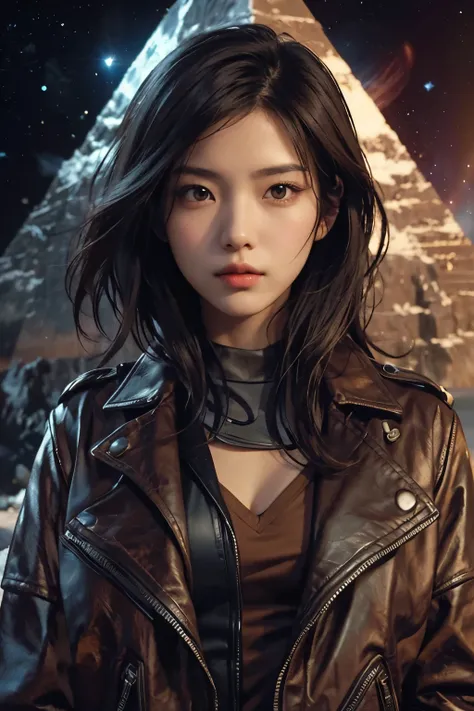 Beautiful Japanese woman. An intelligent impression. Dark brown hair. She is looking at the camera with a serious expression. She is twenty-eight years old. She is wearing a brown leather jacket. In the space behind her is an image of an icy pyramid and ou...