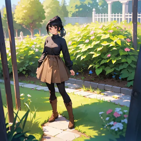 (high quality, High resolution, Very detailed, reality:1.37), Peaceful atmosphere, (Outdoor, garden), Teenage girl standing alone, (My breasts are large.), Beautiful details, Cute Smile, (Black hair ponytail), Ribbed sweater,Brown skirt, Black tights, Brow...