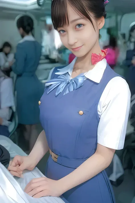 (masterpiece:1.2, Best Quality:1.2), 32K HDR, High resolution, (Alone、1 girl)、（On the roof of a building during the day、Professional Lighting）、Building rooftop background、（Real style wearing Japan air system cabincrew uniform blue）、（（Japan Air System cabin...