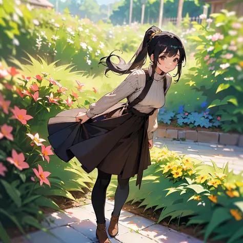 (high quality, High resolution, Very detailed, reality:1.37), Peaceful atmosphere, (Outdoor, garden), Teenage girl standing alone, (My breasts are large.), Beautiful details, Cute Smile, (Black hair ponytail), Ribbed sweater,Brown skirt, Black tights, Brow...