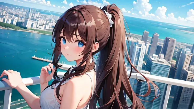 8k HD, A girl with blue eyes and long curly brown hair、Beautiful girl with ponytail overlooking the city from 101 Observation Deck