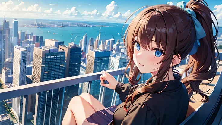 8k HD, A girl with blue eyes and long curly brown hair、Beautiful girl with ponytail overlooking the city from 101 Observation Deck