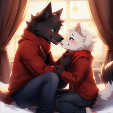 Black wolf, Samoyed, 2 boys, Cuteness, blush, happy face, Blue eyes, red jacket, jeans, scarf, Kissing, Barefoot, drool,