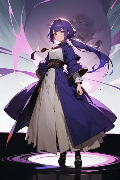 A anime woman, purple straight medium hair, pigtail, medieval clothes, young, blue eyes, serious expression, full body, standing