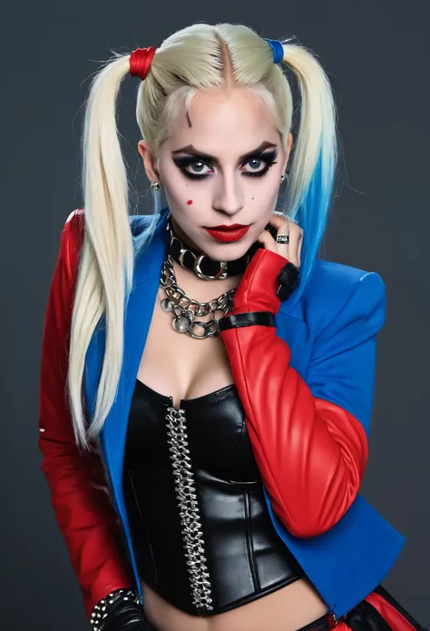 Create an image of Harley Quinn inspired by Lady Gaga, blending her theatrical, glam-punk style with the chaos of the DC character. She should have platinum blonde pigtails streaked with bold colors like electric blue and bright pink, wearing a form-fittin...