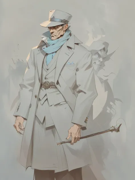 drawing of a man in a suit and hat with a cane, ( ( character concept art ) ), character drawing, inspired by Kawabata Ryūshi, creepy explorer sketch, he is wearing a trenchcoat, full body character drawing, character with a hat, concept character, inspire...