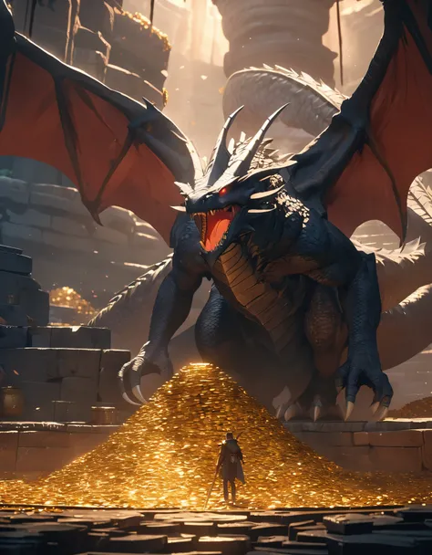 Retro Animation, (masterpiece), best quality, GIANT Dragon of the Dungeon, Stylized hair, DRAGON wings and tail, on a treasure dungeon, protector of all the treasure, Dragon treasure keeper, dungeon full of gold coins, treasure, wide view, powerful, cinema...