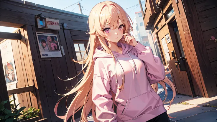 Adult woman, pink eyes, long blonde hair, hoodie, morning