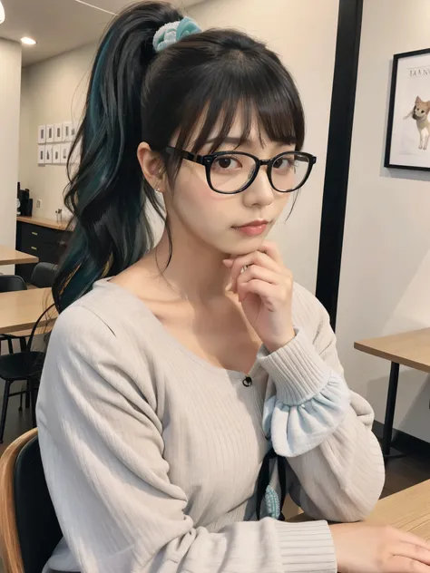 An ordinary girl wearing glasses, (((black hair))), long hair, (((parted bangs))), (((tied in a ponytail))), (((single ponytail))), (((aqua blue hair accessories tied into a ponytail))), (((wearing glasses))), a serious girl, wearing a long pink dress , kn...