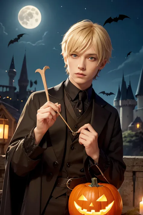 outdoors, sky, night, scenery, full moon, halloween, jack-o-lantern, candle, bat (animal), pumpkin, bare tree, castle,hogwarts school uniform,wand,Wizard,solo,1boy,bishounen,male focus,skinny,blonde hair,blue eyes,center part,emo boy,big eyes,