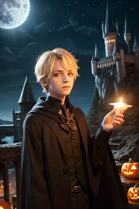 outdoors, sky, night, scenery, full moon, halloween, jack-o-lantern, candle, bat (animal), pumpkin, bare tree, castle,hogwarts school uniform,wand,Wizard,solo,1boy,bishounen,male focus,skinny,blonde hair,blue eyes,center part,emo boy,big eyes,