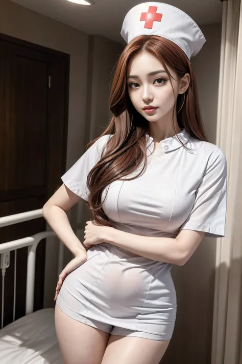 (2 Ultimate Beauty Nurse)、((Realistic lighting, best quality, 8k, masterpiece:1.3)), Lock focus:1.2, Beautiful woman with perfect body:1.4, : beautiful korean girl, Korean pop idol，Leg length，(Pale skin), (Big eyes),（Smile：0.8），（plump sexy lips）， complex a...