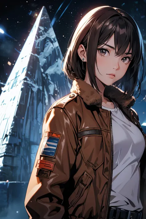 Beautiful Japanese woman. An intelligent impression. Dark brown hair. She is looking at the camera with a serious expression. She is twenty-eight years old. She is wearing a brown leather jacket. In the space behind her is an image of an icy pyramid and ou...