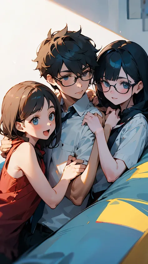 3 girls and a boy with glasses