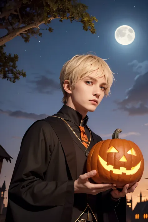 outdoors, sky, night, scenery, full moon, halloween, jack-o-lantern, candle, bat (animal), pumpkin, bare tree, castle,hogwarts school uniform,wand,Wizard,solo,1boy,bishounen,male focus,skinny,blonde hair,blue eyes,center part,emo boy,big eyes,