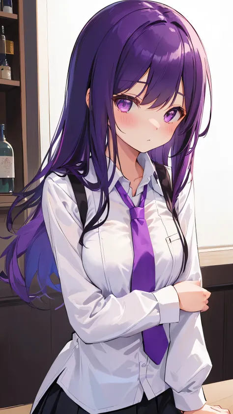 1girl, solo, bangs, blush, hand on own chest, jill stingray, long sleeves, looking at viewer, purple hair, medium breasts, necktie, shirt, solo, upper body, vest,  bartender, vest, white shirt,