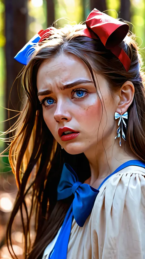 1 woman, Alone, long hair, blue eyes, brown hair, Hair bow, Earrings, High resolution, bright pupils, Crying with open eyes, red lips, lost in the woods, Action painting, 