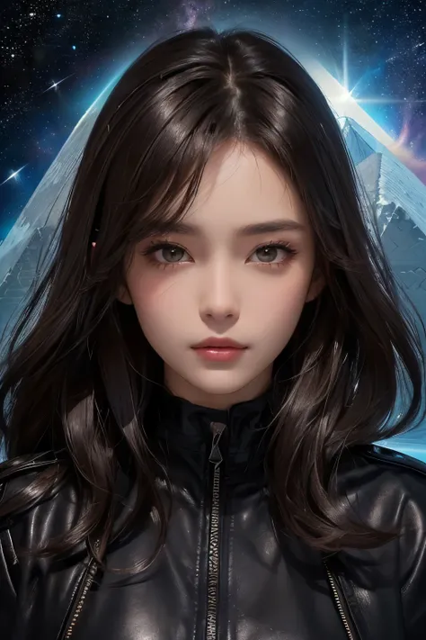 One beautiful woman。Detailed drawing of the face。2。She has dark brown hair。She is wearing a black leather jacket。She is looking at the camera with a serious expression。Behind her in the space was a pyramid covered in ice.、Image of outer space。Masterpiece。