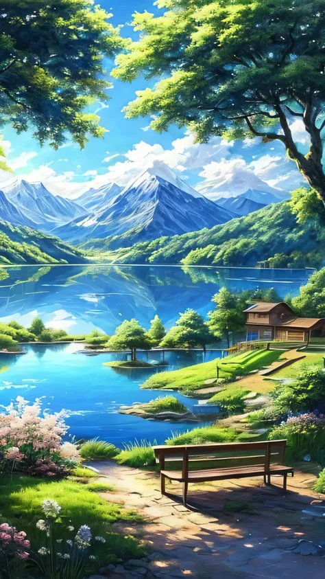 painting of 1bench in a garden with a lake in the background, beautiful anime scene of peace, a , hermoso anime landscape, nature of anime, Detailed landscape, fondo de pantalla de anime landscape, fondo de pantalla de nature of anime, arte de Anime Backgr...