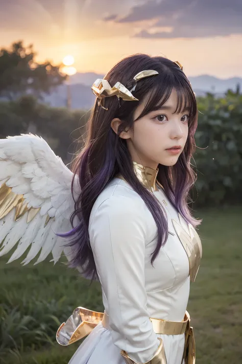 ((masterpiece, best quality, extremely detailed), volumetric lighting, ambient occlusion, colorful, glowing), 
1girl, solo, young girl, (purple hair), long hair, halo, aura, sacred, goddess, cleric suit, (white outfit with gold detailst:1.3), angel wings,
...